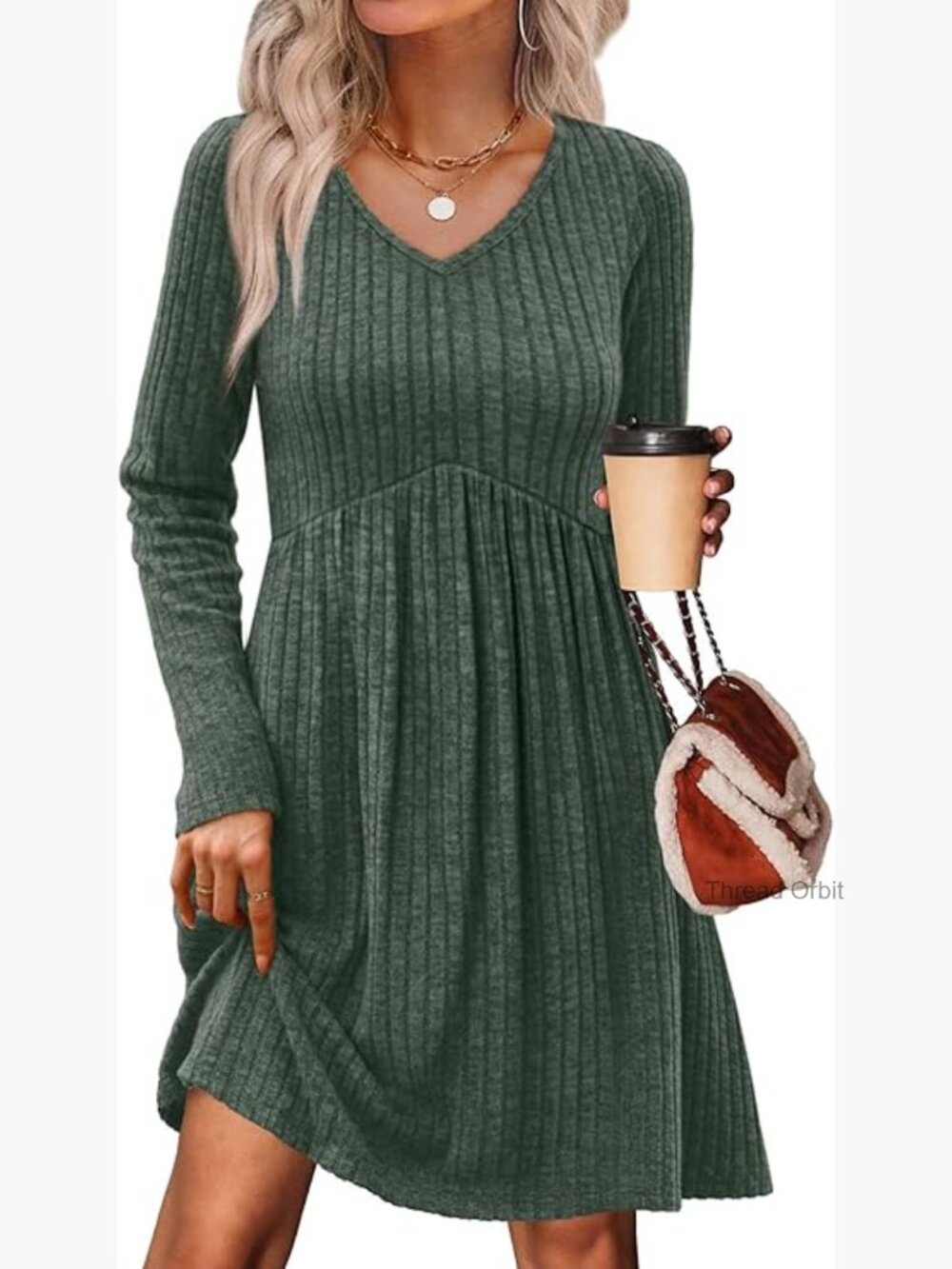 Long Sleeve V Neck Empire Waist Babydoll Dress with Pockets
